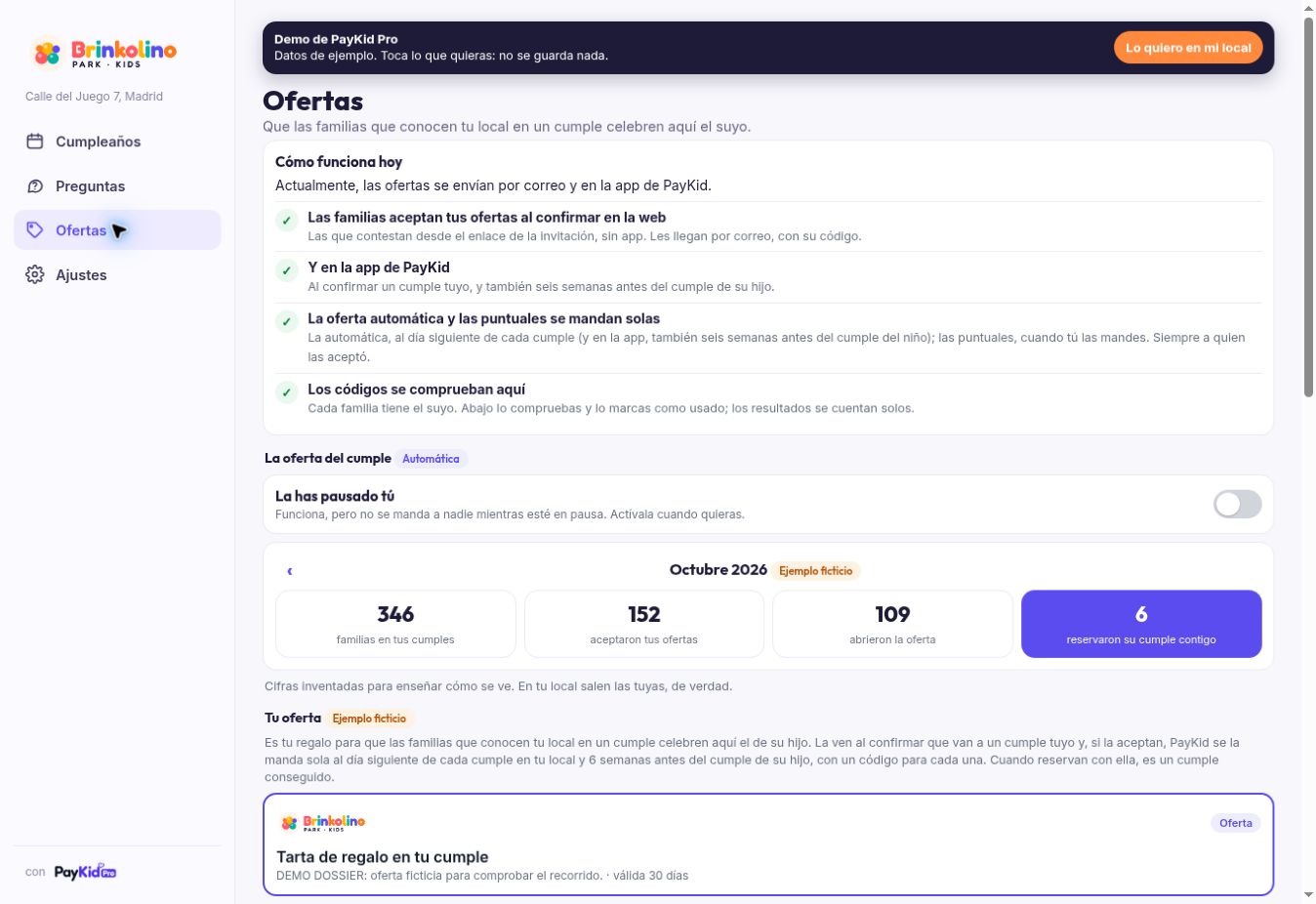 Pantalla real de ofertas de PayKid Pro con cifras ficticias de demostración